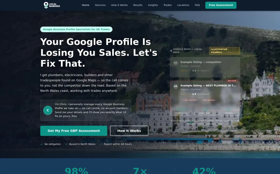 The LocalMarkers homepage &mdash; a Google Business Profile service for UK tradespeople.