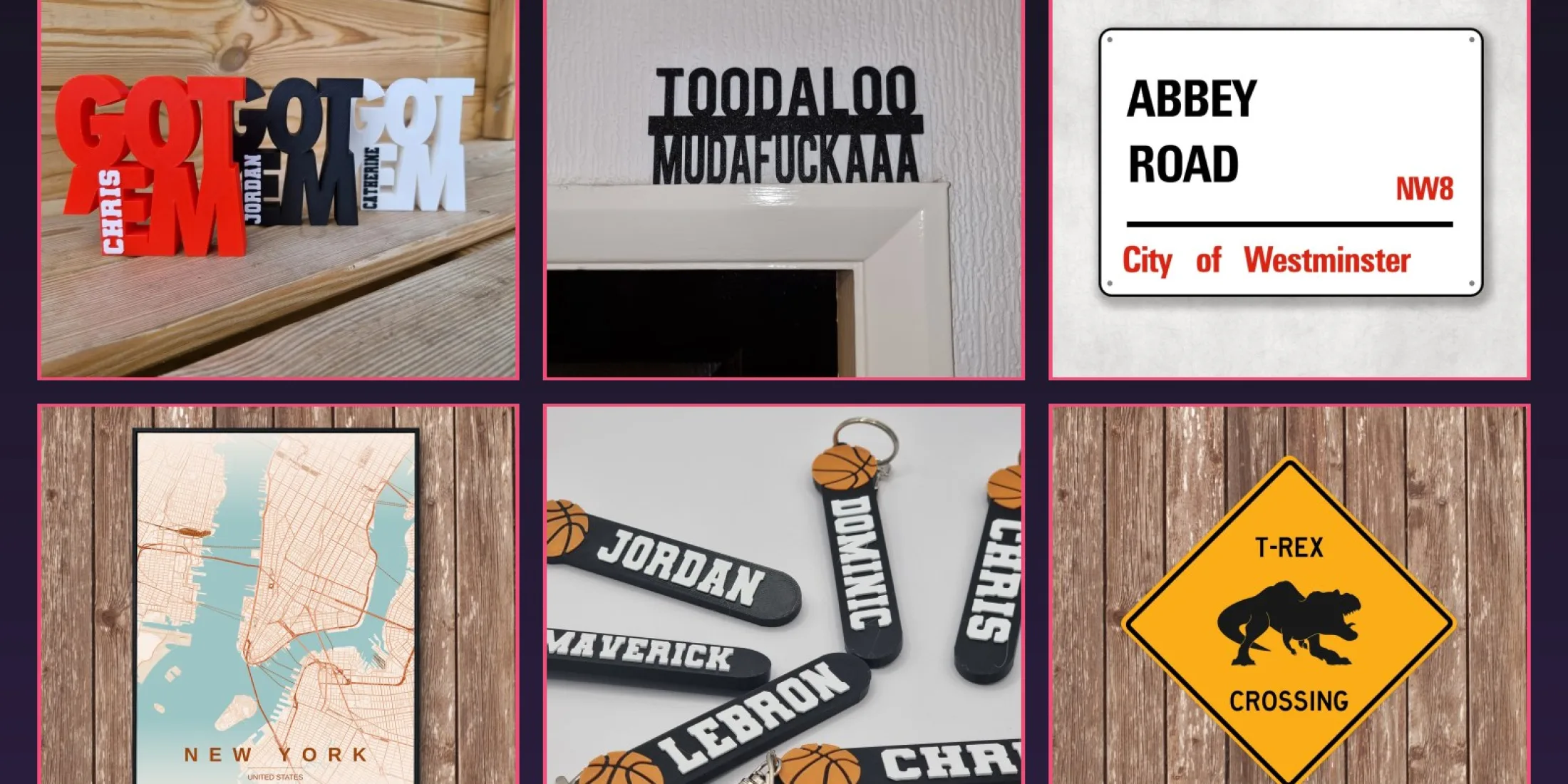 A selection of The Quirky Gift Co products &mdash; personalised name signs, a door topper, an Abbey Road street sign, a New York map print, basketball keyrings and a T-Rex crossing sign.