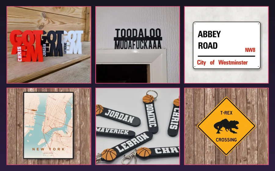 A selection of The Quirky Gift Co products &mdash; personalised name signs, a door topper, an Abbey Road street sign, a New York map print, basketball keyrings and a T-Rex crossing sign.