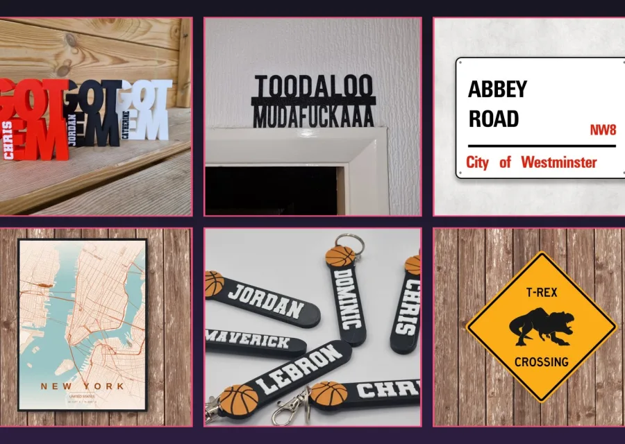 A selection of The Quirky Gift Co products &mdash; personalised name signs, a door topper, an Abbey Road street sign, a New York map print, basketball keyrings and a T-Rex crossing sign.